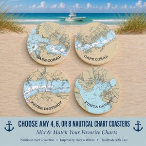 May include: Four round coasters featuring nautical map prints of Cape Coral, River District, and Punta Gorda. The text reads: CHOOSE ANY 4, 6, OR 8 NAUTICAL CHART COASTERS. Mix & Match Your Favorite Charts. Nautical Chart Collection. Inspired by Florida Waters. Handmade with Care.