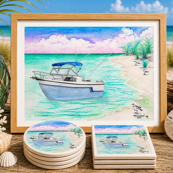 Fishing Boat Art Print, Florida Water Scene, Coasters, Mousepad