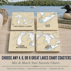 May include: A set of four square coasters featuring nautical map prints of The Great Lakes, Lake Erie, Lake Michigan, and Lake Huron. Each coaster has a beige background with blue water details and black text labels identifying the specific lake.