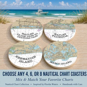 Marco Island, Nautical Chart Coasters, Naples Florida, Keewaydin Island Map Decor