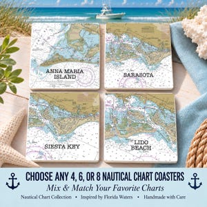 May include: A set of four square coasters featuring detailed nautical charts of Anna Maria Island, Sarasota, Siesta Key, and Lido Beach. Each coaster displays blue and tan topographic map details with black text labels for the locations.