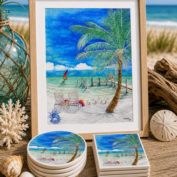 Florida Beach Scene Watercolor Print, Palm Tree, Dock, Coasters, Mouse pad, Functional Art