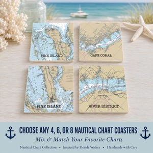 May include: A set of four square coasters featuring nautical map prints of Pine Island, Cape Coral, and the River District. Each coaster displays detailed blue and tan cartographic lines, depth markers, and geographic labels on a flat surface.