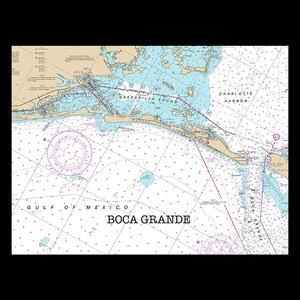 May include: A nautical chart of Boca Grande, Florida, showing the coastline, waterways, and surrounding islands. The chart includes depth markings, navigational aids, and other important information for boaters. The text "Boca Grande" is printed in black at the bottom of the chart.