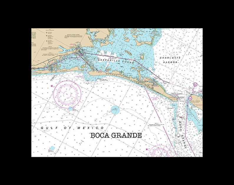 May include: A nautical chart of Boca Grande, Florida, showing the coastline, waterways, and surrounding islands. The chart includes depth markings, navigational aids, and other important information for boaters. The text "Boca Grande" is printed in black at the bottom of the chart.