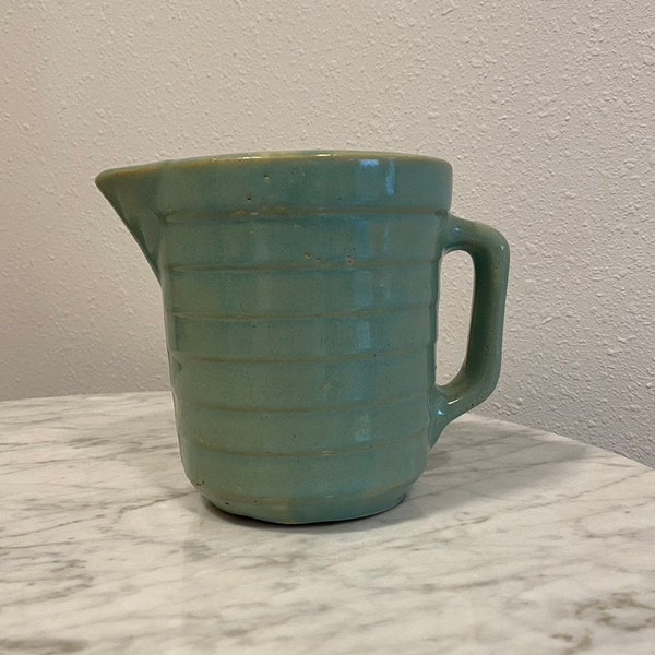 Vintage USA Pottery Green Ringed Batter Pitcher Circa 1930-1940