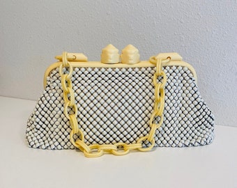 Vintage Whiting & Davis Alumesh White Metal Mesh Handbag With Celluloid Frame And Chainlink Strap Circa 1930's