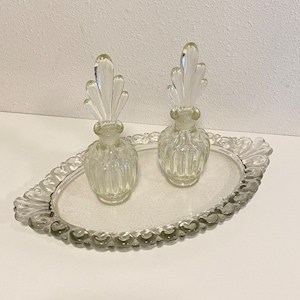 Vintage Clear Glass Scalloped Edge Vanity Set With Tray And Two Perfume Bottles