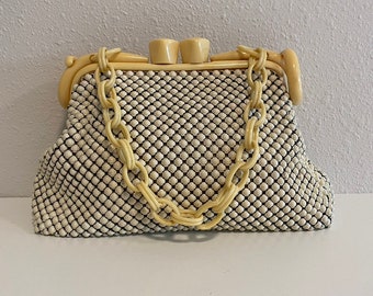 Vintage Whiting & Davis Alumesh White Metal Mesh Handbag With Celluloid Frame And Chainlink Strap Circa 1930's