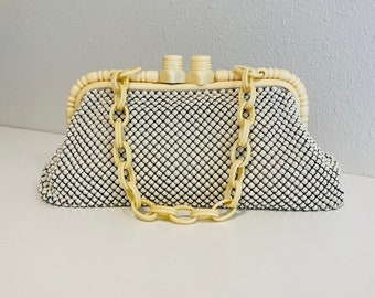 Vintage Whiting & Davis Alumesh White Metal Mesh Handbag With Celluloid Frame And Chainlink Strap Circa 1930's