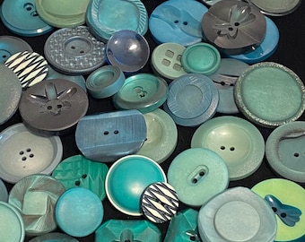 Group Of Vintage Plastic Buttons In Shades of Teals,Turquoise, Greens, And Gray Blues