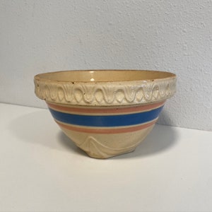 Vintage Nelson McCoy Pottery Pink And Blue Banded Shoulder Yellow Ware Bowl Circa 1930&#39;s