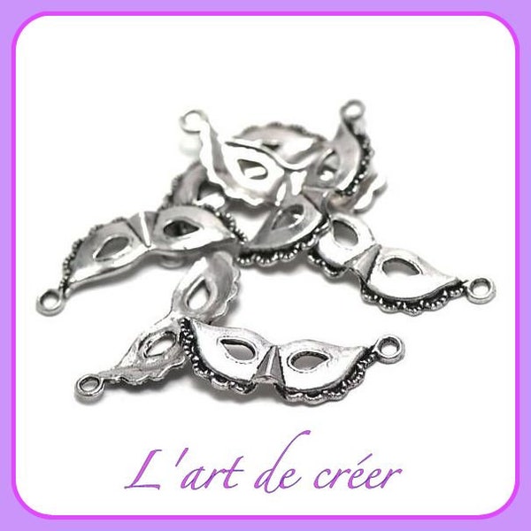 10 breloques, charm , masque vénitien , couleur argent ,argenté , 31 x 12 mm