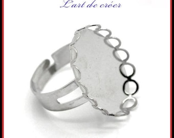 3 X Adjustable Ring Holder, Cabochon Lace 18x25mm, Silver