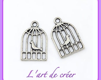 10 breloques, charm , Oiseau en Cage , couleur argent ,argenté , 19 x 12 mm