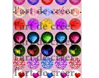 Digital prints of 40 cabochons 25mm, Motif heart, love, love (3)