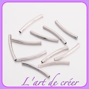 10 tube beads, tubular, curved and twisted, silver 20 mm x 2 mm