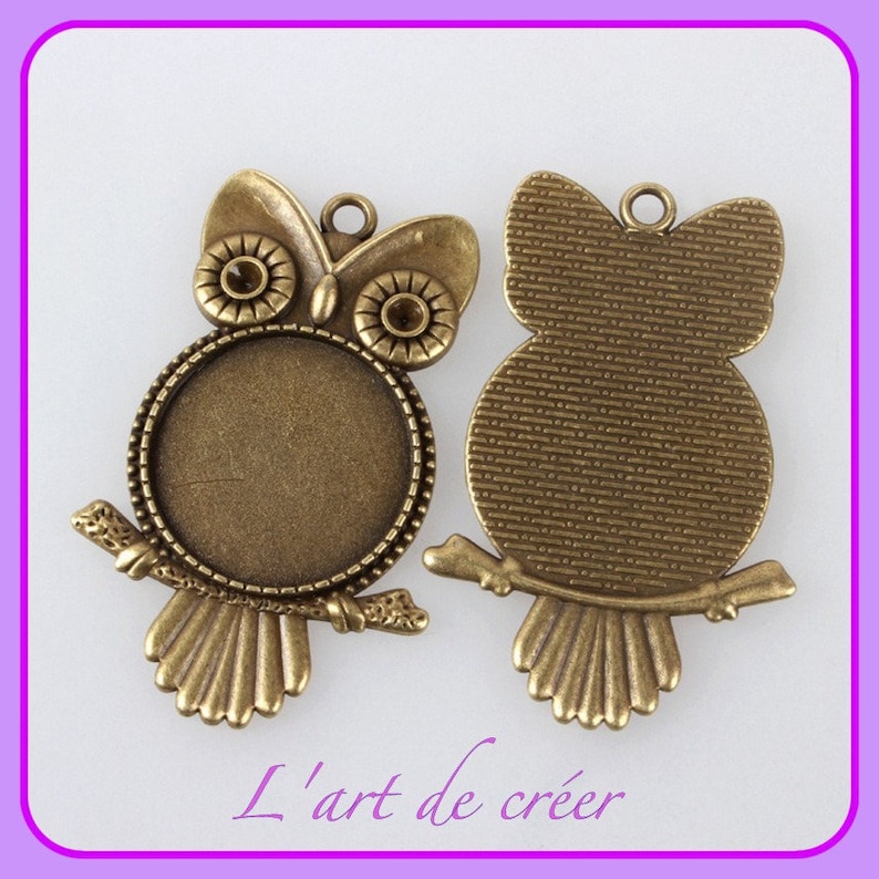 1 pendentif chouette , hiboux , support cabochon rond BRONZE pour cabochon 25 mm image 1