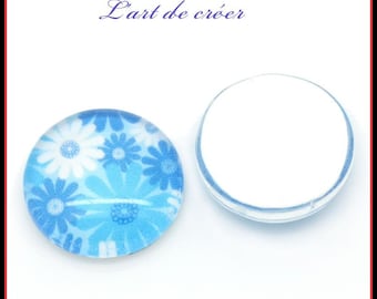 10 x cabochon verre motif fleur bleue , blanche , 12mm