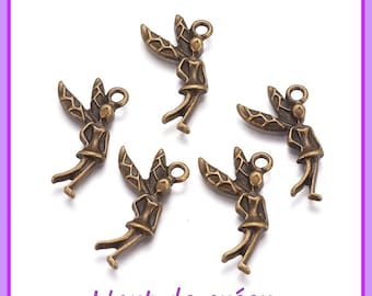 10 Breloques Fée Clochette , Elfe  ,ange , lune, couleur Bronze