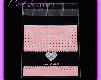 20 pouches, plastic bags with adhesive tape - size 10 x 7 cm, pink and white