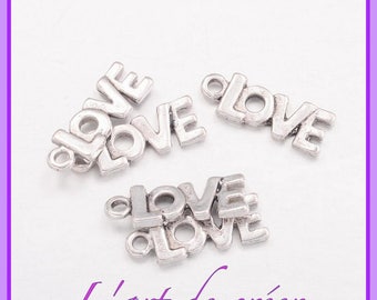 10 Breloques charms LOVE , amour  , couleur argent , 22 x 8 mm