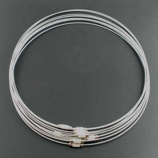 10 Tour de cou cable en acier enrobé 1 mm x 45 cm, fermoir à visser , GRIS