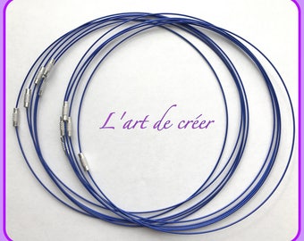 10 Tour de cou cable en acier BLEU indigo enrobé 1 mm x 45 cm, fermoir à visser