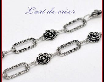 Antiqued silver chain links flowers and rectangles x1m silver aged