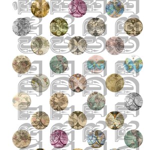 Planches digitale de 35 cabochons 25mm , Motif globe , carte du monde rétro