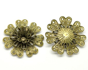 2 X breloque fleur estampe connecteur 3.9 cm x 3,9 cm filigrane  bronze