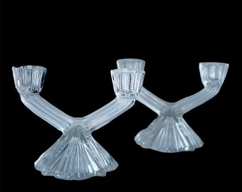 Vintage pair of double candlestick holders in the style of Val Saint Lambert