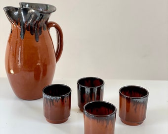 Vintage brown ceramic jug with 4 ceramic cups, water jug