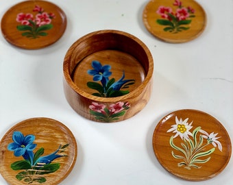 Vintage wooden coaster set with handpainted flower design - set of 5