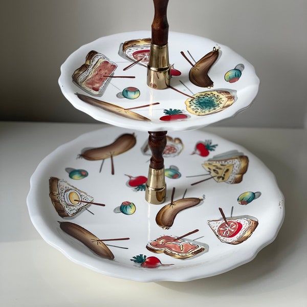 Unique vintage party snack tower / high tea rack, tray / ceramic with wooden/brass pillar