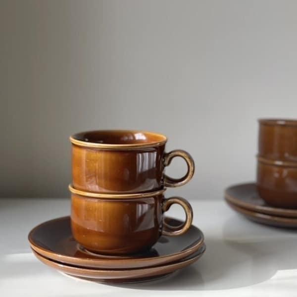 4 vintage brown glazed ceramic cups and saucers / Prusków Porcelain /made in Polland / 1970s