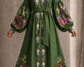 Robe Vyshyvanka pour femme, style bohème ukrainien, en lin brodé, tailles 2XS à 5XL, couleur et longueur au choix.