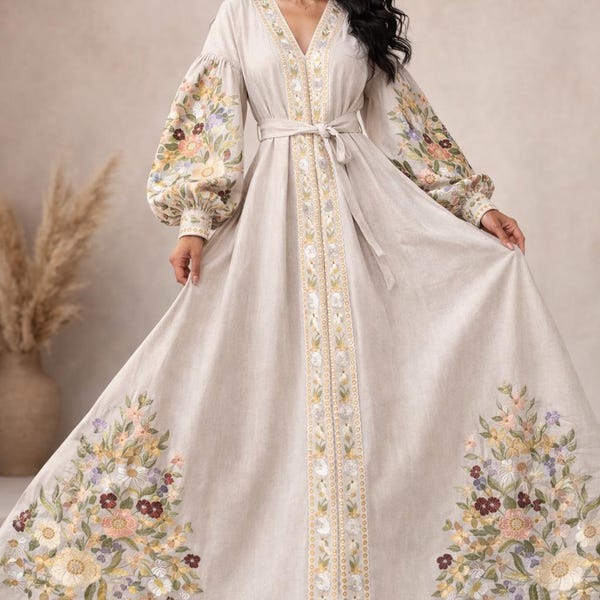 Wyschywanka-Kleid, ukrainisches Boho-Leinenkleid mit Stickerei, individuelle Stickerei, Größen 2XS–5XL, Farbauswahl