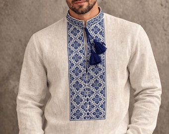 Vyshyvanka men, Ukrainian linen embroidered shirt, custom embroidery, 2XS - 4XL, choice Color