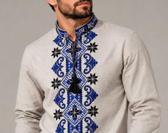 Vyshyvanka herrskjorta, ukrainsk broderad skjorta, linnetopp, XS - 4XL, Valfri färg