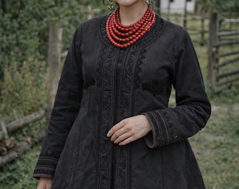 Vintage Ukrainian Yubka Coat Hand Embroidered Black Folk Jacket Central Ukraine Poltava, S-M