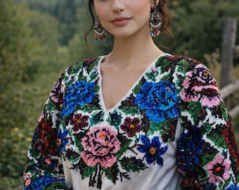 Authentic Ukrainian Beaded Blouse, Vintage Bukovyna Vyshyvanka, Hand Beaded Embroidery on Handwoven Linen, Floral Folk Shirt, L-XL