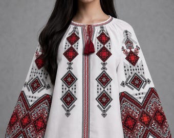 Puede incluir: Una blusa blanca de manga larga con intrincados bordados geométricos en rojo, negro y gris. La prenda presenta un cuello redondo con una abertura central, un cordón con borla roja y mangas voluminosas con patrones detallados en los puños.