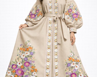 Vyshyvanka woman, Ukrainian boho linen embroidered dress, custom embroidery, 2XS - 5XL, Choice Color
