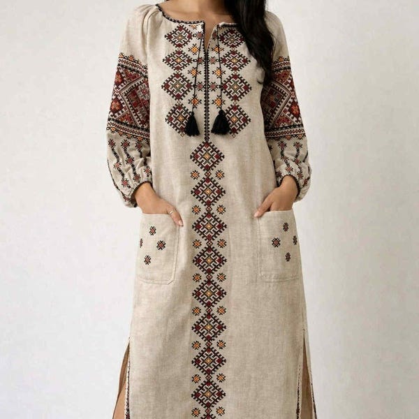 Vyshyvanka woman, Ukrainian ethnic embroidered linen dress, Hutsul embroidery, 2XS-5XL, custom dress, choice color