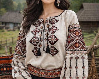 Vyshyvanka woman, Ukrainian embroidered linen shirt, ethnic blouse, 2XS-5XL, Hutsul embroidery, choice color
