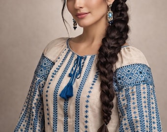 May include: A beige embroidered blouse with blue floral patterns and long sleeves. The blouse features a round neckline with a blue tassel and is paired with blue earrings. The woman has dark hair styled in a long braid.