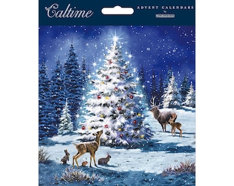 Deer and Tree Advent Calendar Card 160 x 160 mm Caltime with envelope with envelope with Envelope and 24 little doors to open