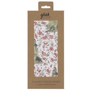 Könnte beinhalten: Eine Packung weißes Seidenpapier mit einem Weihnachtsbaum- und Blumenmuster. Das Papier ist in Grün, Rot und Weiß bedruckt. Die Verpackung trägt die Aufschrift "Luxury Tissue Paper" und "4 Große Blätter 50x75cm".