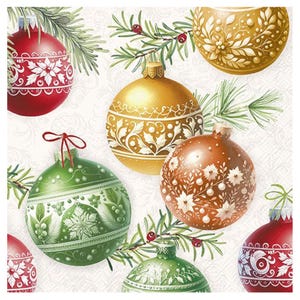 May include: A festive arrangement of Christmas ornaments in red, green, gold, and bronze. Each ornament features intricate floral and geometric designs. The ornaments are interspersed with sprigs of evergreen and red berries, creating a holiday theme.